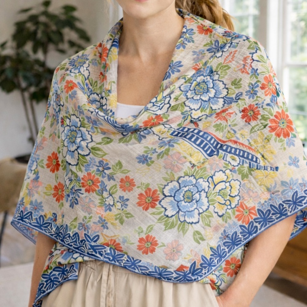 One Hundred Stars Shawl Scarf Wrap 39.5x75 Asian Botanical Floral Pagoda Temple‎